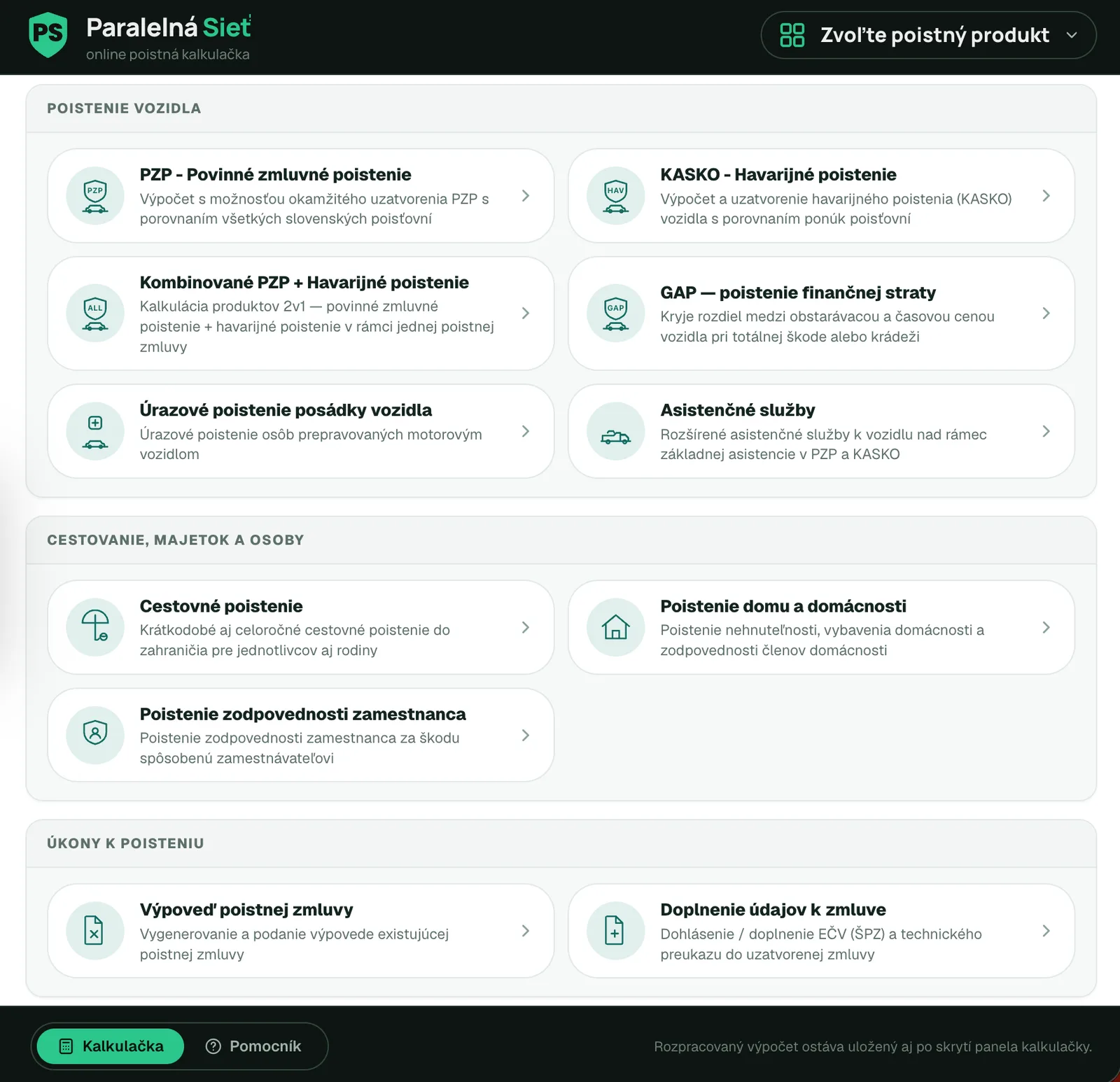 Online poistná kalkulačka - výber poistného produktu